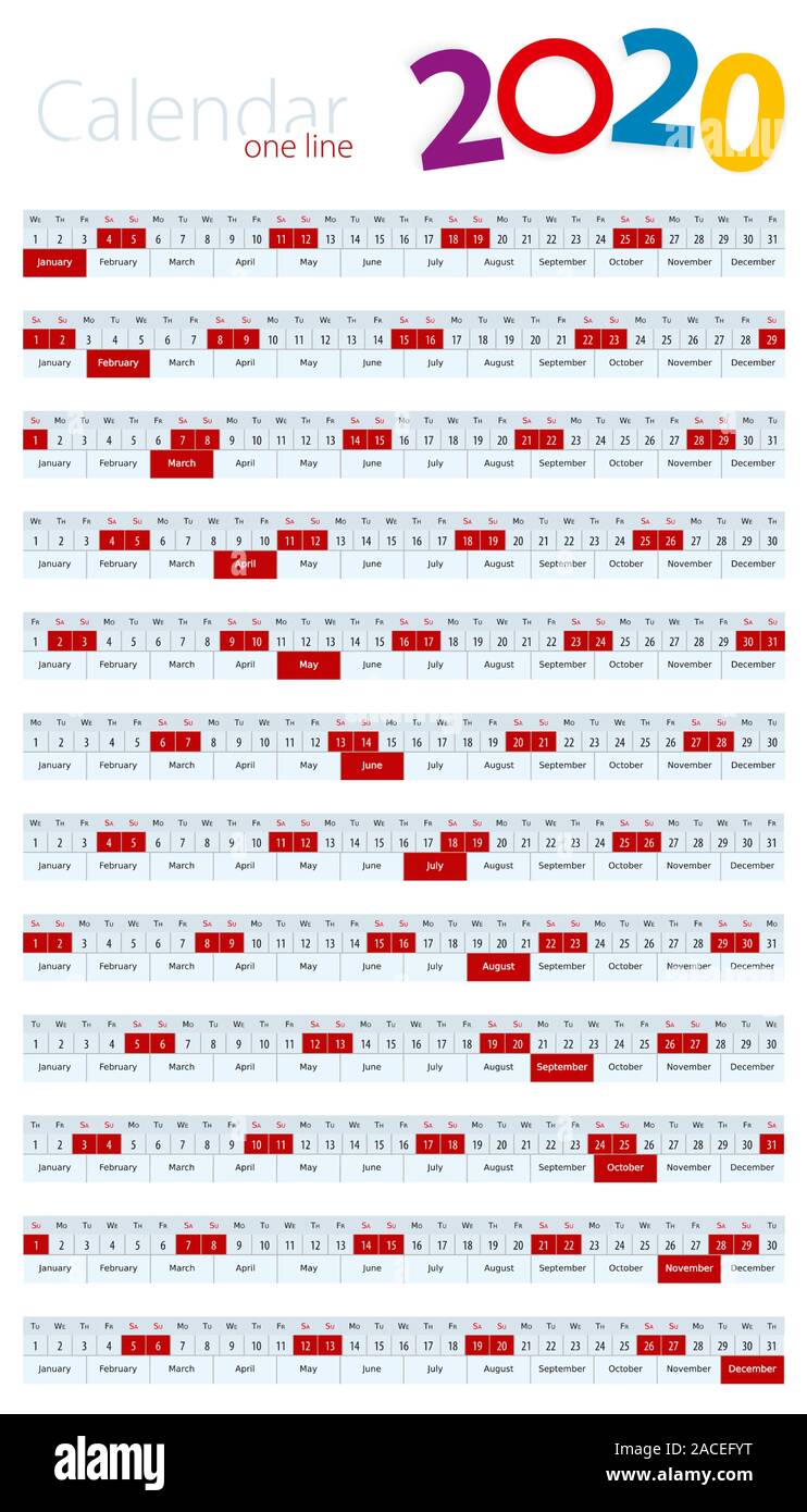 Una Linea Calendario 2020 Para El Diseno De Pared Y Calendarios