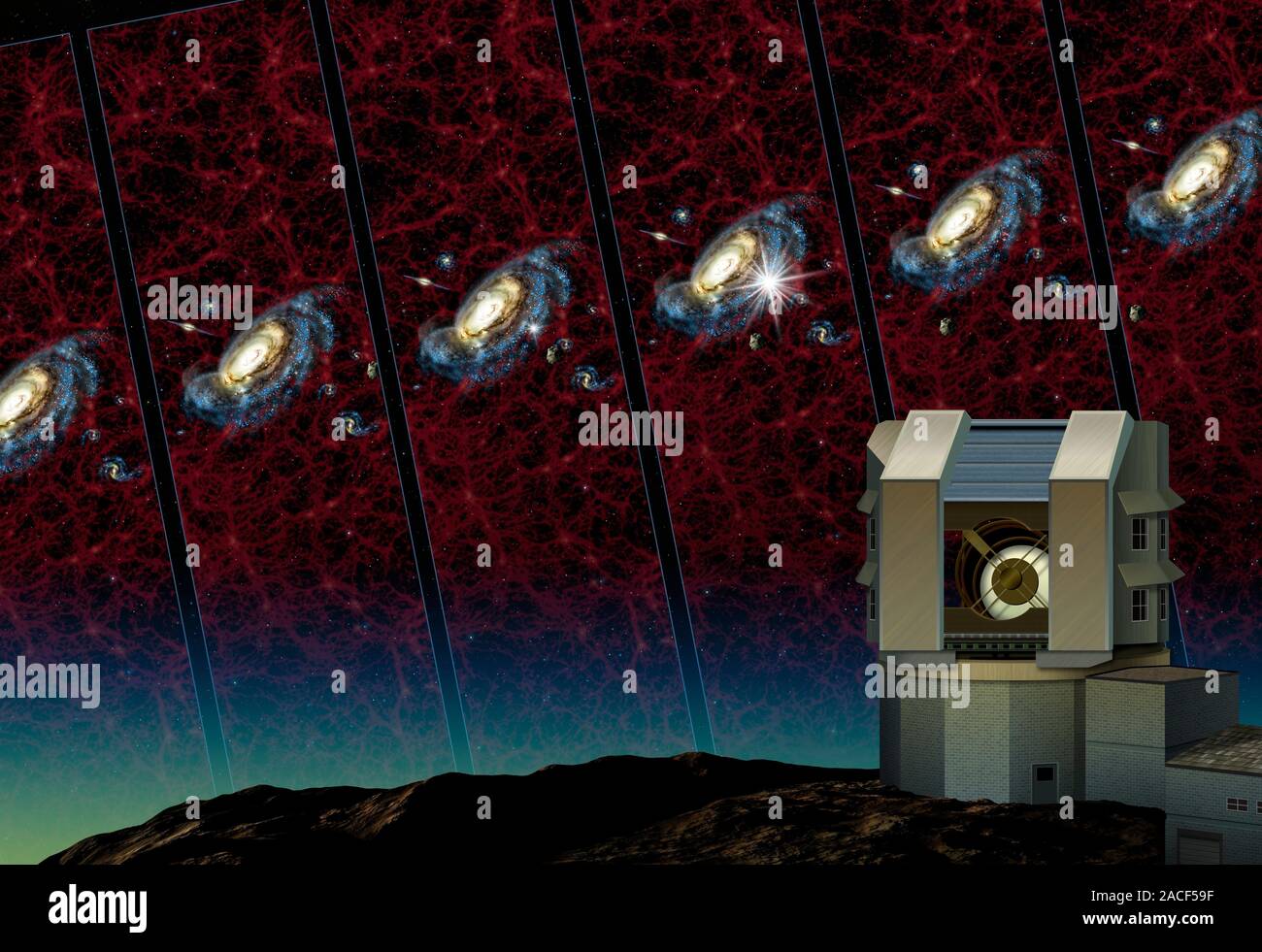 Gran Telescopio de estudio sinóptico (LSST). Ilustración del LSST contra  una secuencia de paneles representando interactuando las galaxias espirales  observadas en diferentes t Fotografía de stock - Alamy