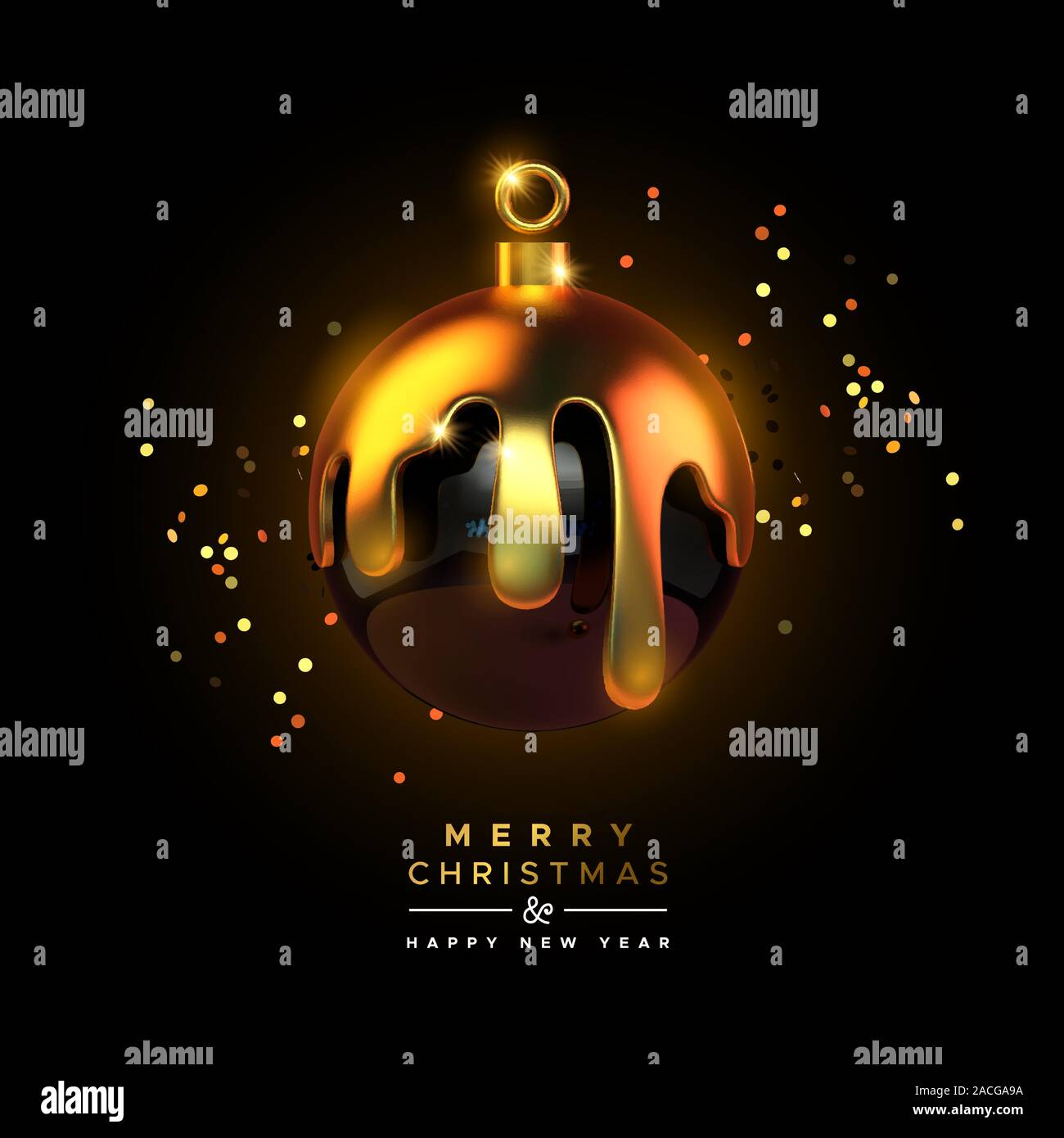 Feliz Navidad Feliz Año Nuevo tarjeta de felicitación de lujo negro bola de adorno ornamento en Estilo 3D realistas con oro fundido y parte confetti. Elegante c Ilustración del Vector