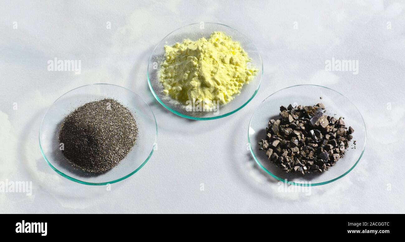 Sulfuro de hierro (II) y elementos compuestos. Los elementos son: hierro  (metal magnético, Fe, parte inferior izquierda) y azufre (amarillo  no-metal, S, centro superior). Iro Fotografía de stock - Alamy