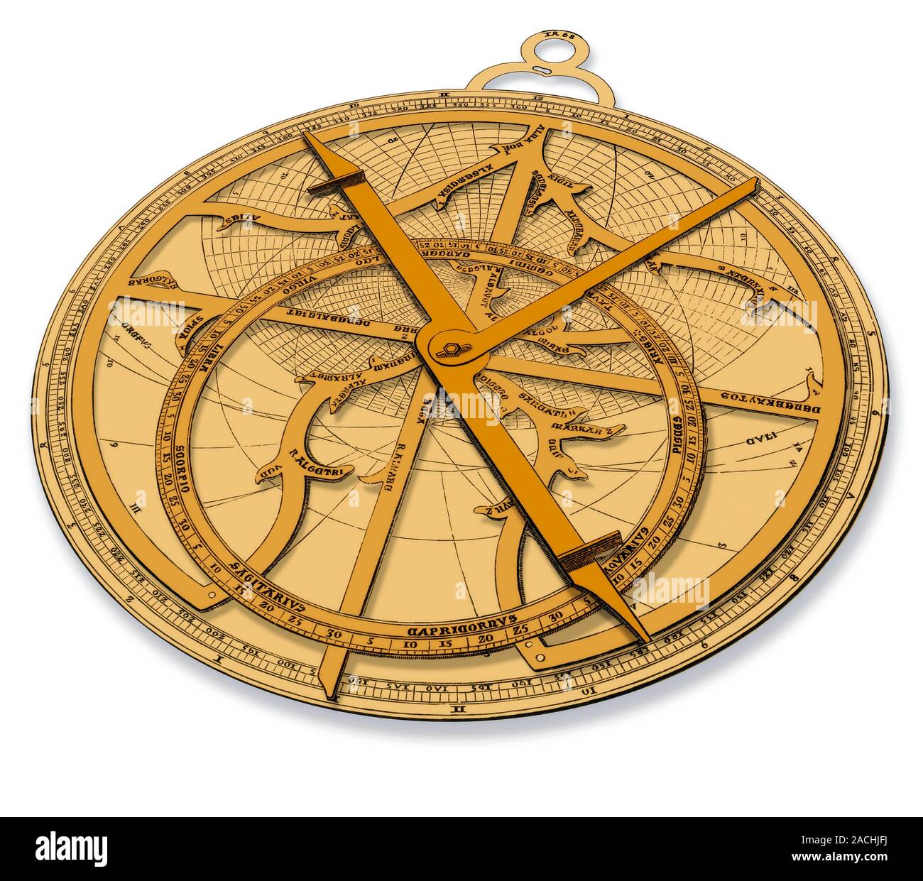 Astrolabio, ilustración histórica. Un astrolabio astronómico histórico