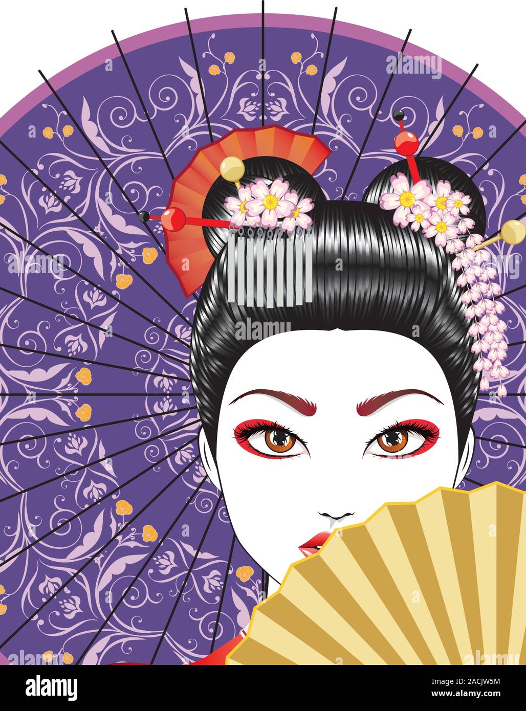 Chica Oriental geisha tradicional con el peinado, maquillaje y decorativa  Imagen Vector de stock - Alamy