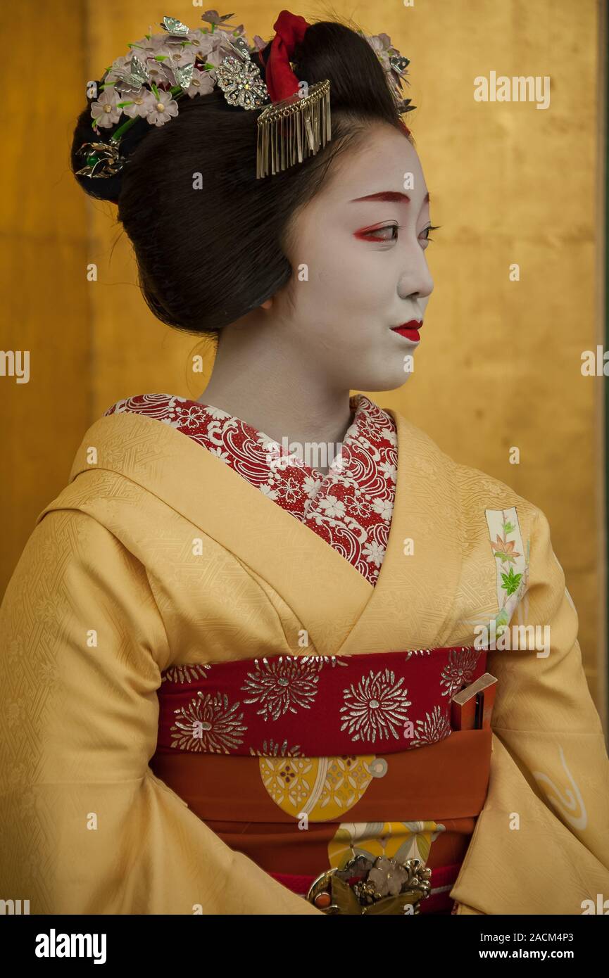 Kyoto, Japón - Abril 2014: Una Maiko o Geiko, jóvenes en formación en danza tradicional realiza un evento cultural para entretener a los huéspedes Foto de stock