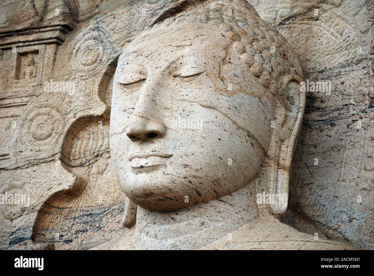 Cabeza de una estatua de Buda, Gal Vihara, Polonnaruwa, Sri Lanka, Ceilán, Asia Foto de stock