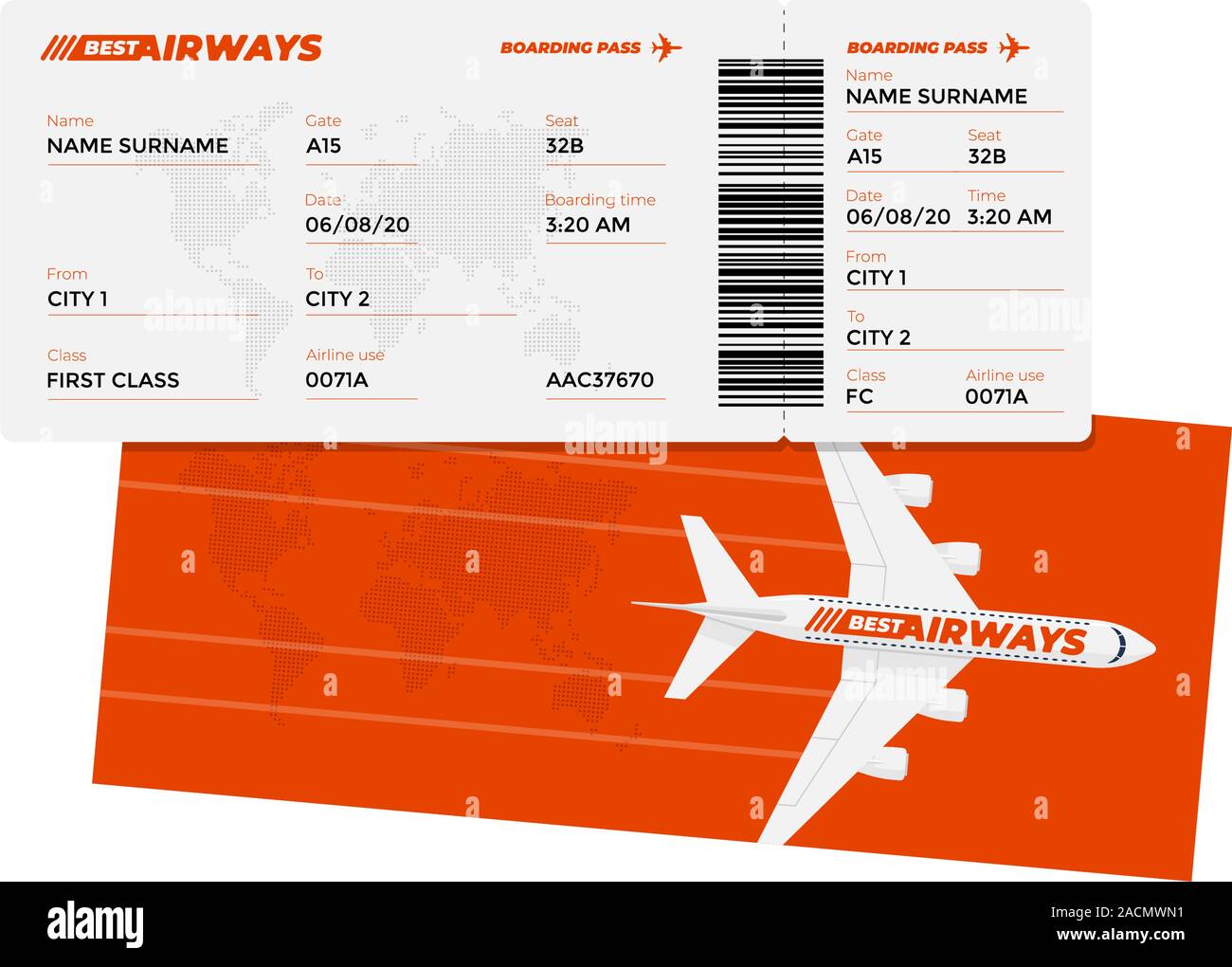 Billete de avión realista boarding pass plantilla de diseño con el nombre  del pasajero y el código de barras. Viajar en avión de aire color rojo  documento ilustración vectorial Imagen Vector de