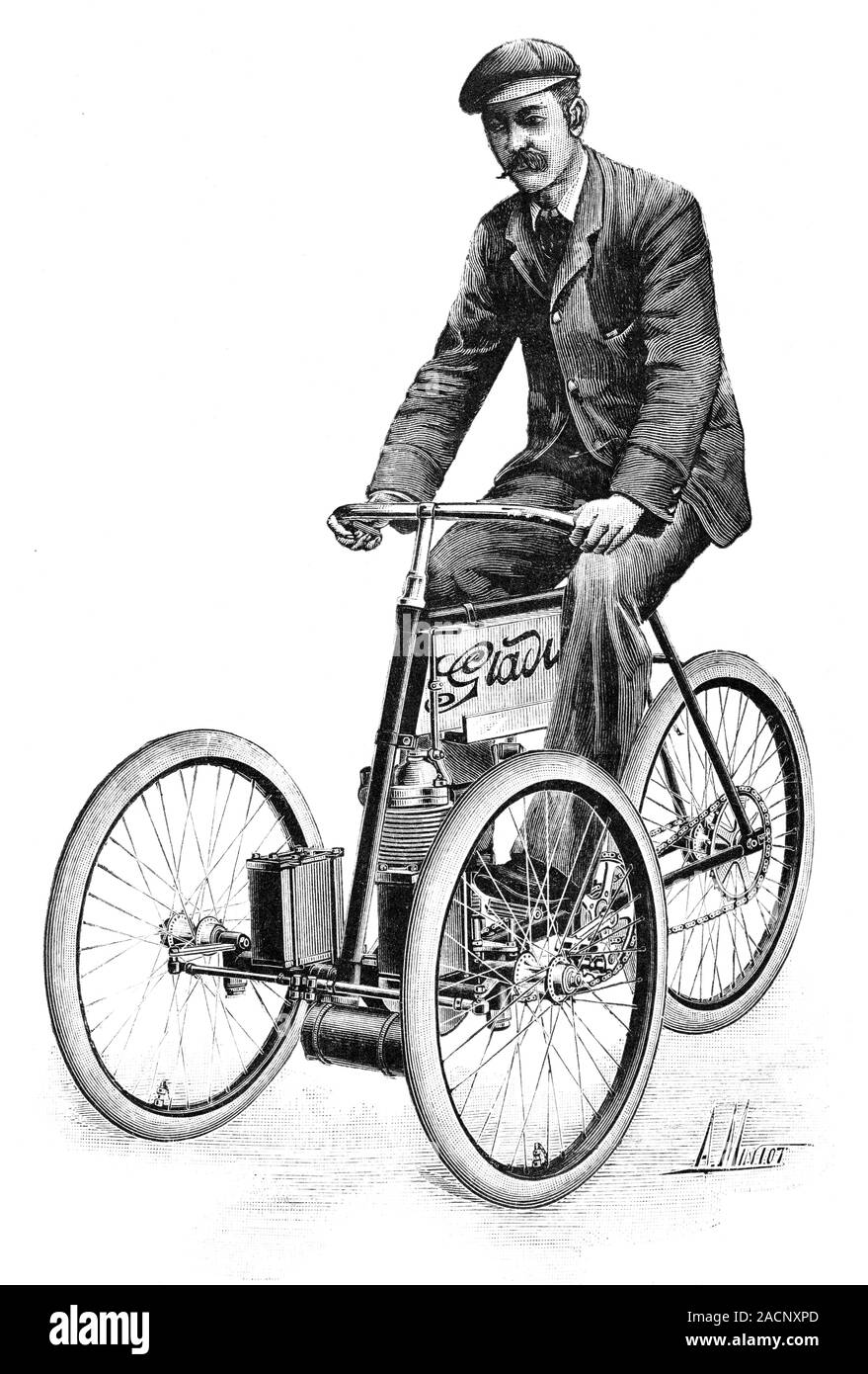 Gladiator triciclo de gasolina. 19th-century ilustraciones de un hombre  montado en un triciclo de gasolina de Gladiador. El ciclo de Gladiador  Company fue fundada en Francia en 1891 Fotografía de stock -