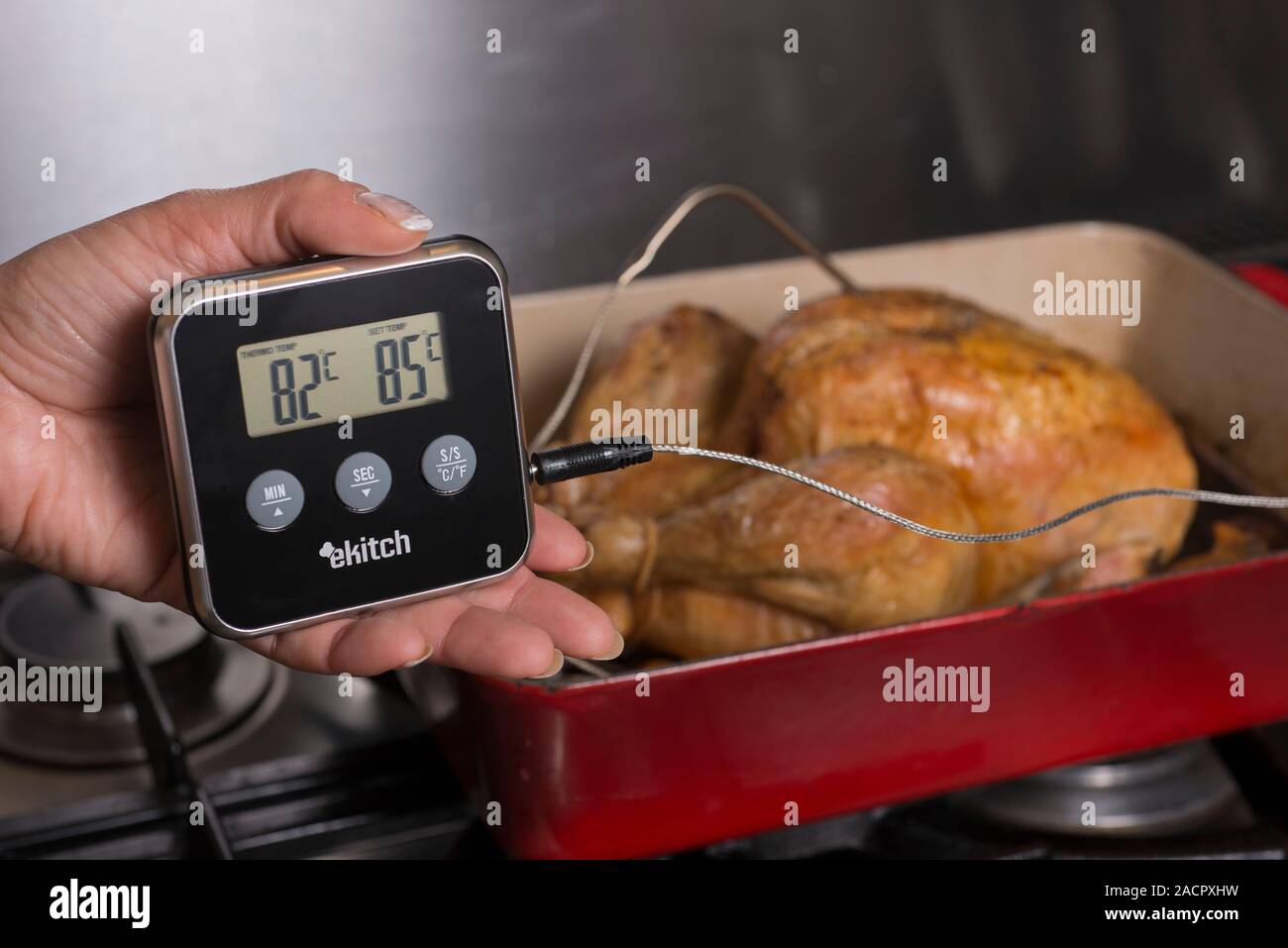 Termómetro digital para alimentos. Esto se utiliza para comprobar la  temperatura interna de un pollo asado, comprobando que la misma ha sido  cocinada suficientemente y es sa Fotografía de stock - Alamy