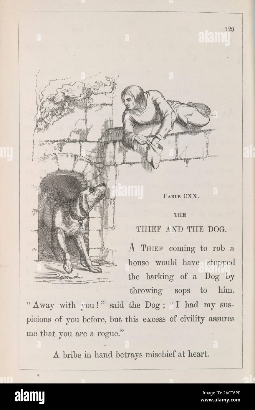 El ladrón y el perro, Fábula XX: el ladrón y el perro. Imagen tomada de  Fábulas de Esopo: una nueva versión, principalmente de fuentes originales,  por el Rev. Tho Fotografía de stock -