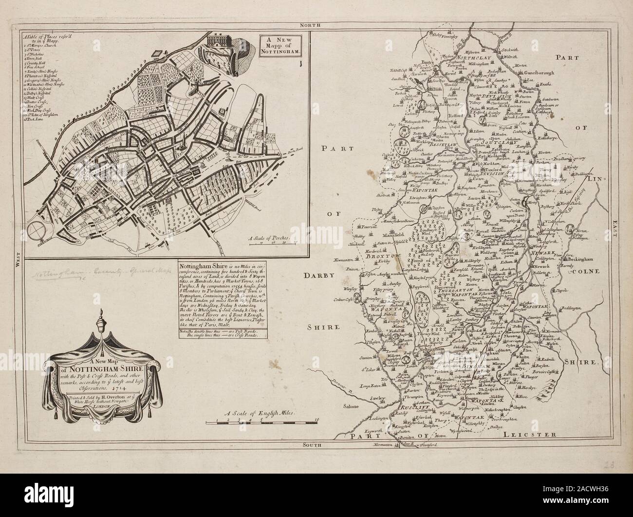 Un mapa de Nottinghamshire y un plan de Nottingham, H. Overton, 1714. Una colección de 37 mapas de los condados de Inglaterra, siendo las reimpresiones, de J. Velocidades Foto de stock