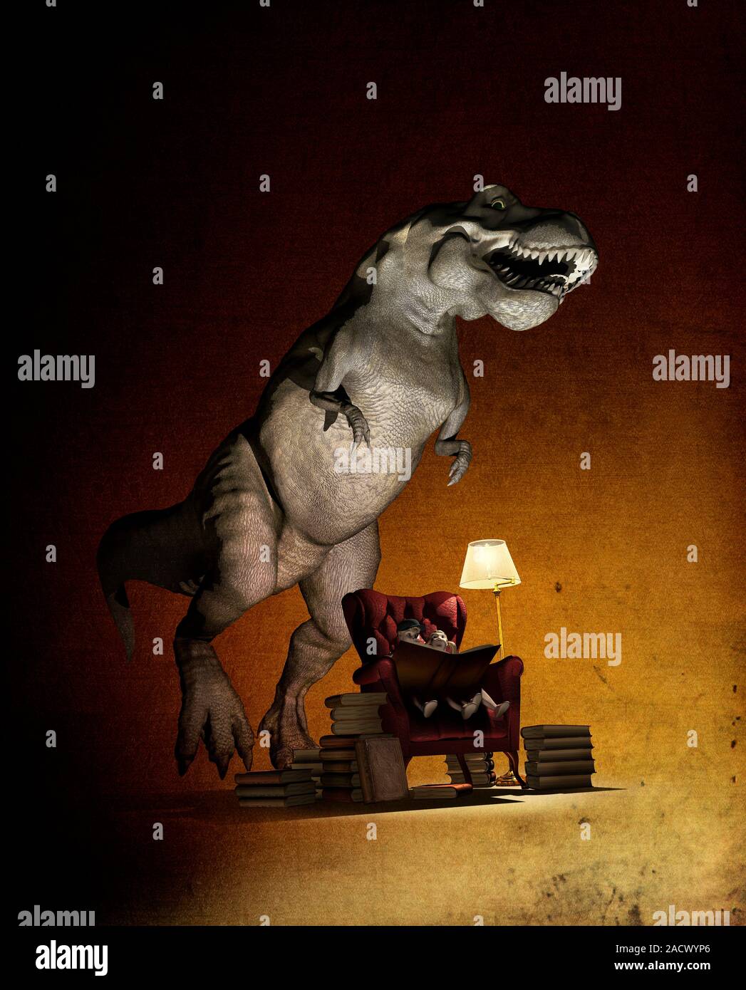 Los niños leyendo acerca de los dinosaurios. Dibujos de niños leyendo acerca de los dinosaurios por lámpara de luz desde las páginas de una enciclopedia de varios volúmenes. La d Fotografía de Los niños leyendo acerca de los dinosaurios. Dibujos de niños leyendo acerca de los dinosaurios por lámpara de luz desde las páginas de una enciclopedia de varios volúmenes. La d Fotografía de