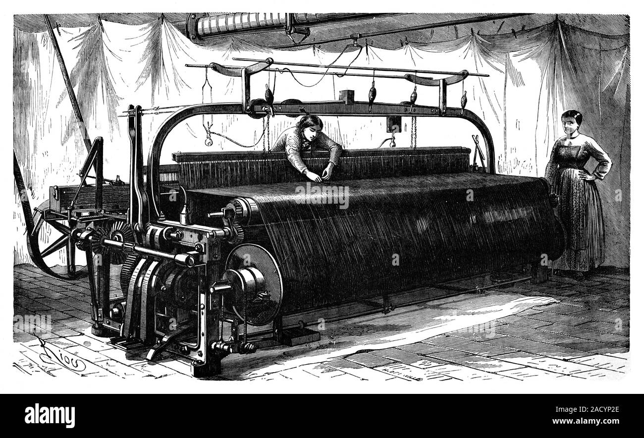 Telar mecánico, del siglo XIX. Ilustración de los trabajadores con una  máquina que se utiliza para tejer una tela en un trozo de tela, parte de la  mecanización de la t Fotografía