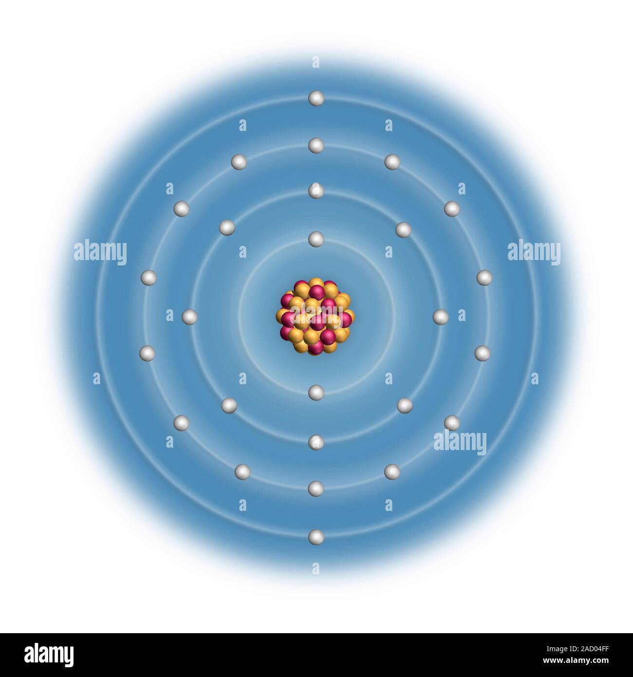 El hierro (Fe). Diagrama de la composición nuclear y configuración de electrones de un átomo de hierro-56 (número atómico: 26), el isótopo más común de este el Fotografía de stock -