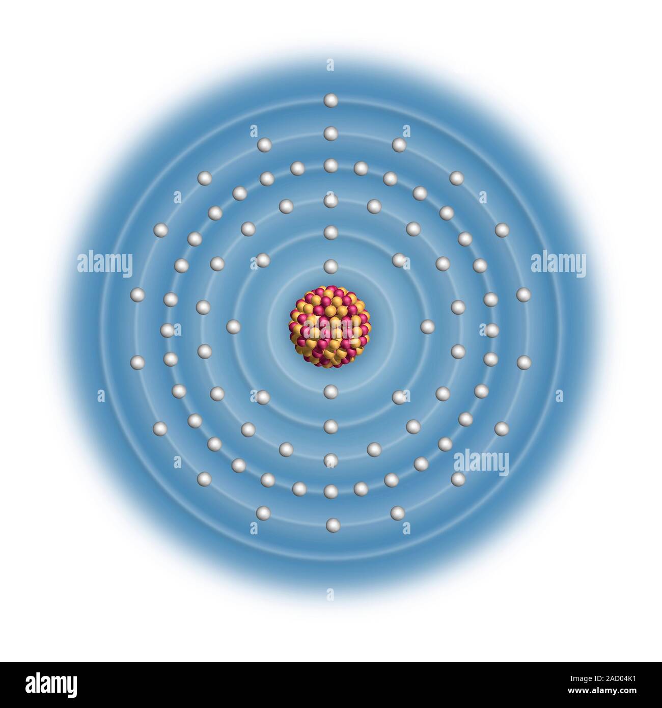 Oro (Au). Diagrama de la composición nuclear y configuración de electrones de un átomo de oro Oro (Au). Diagrama de la composición nuclear y configuración de electrones de un átomo de oro
