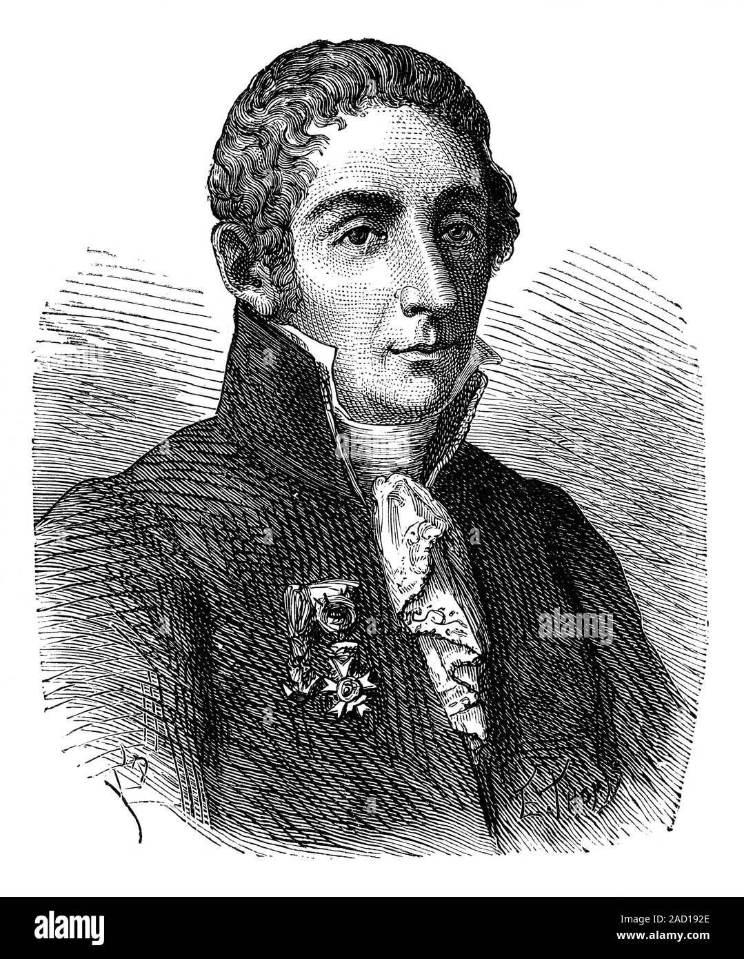 Alessandro Volta (1745-1827), físico italiano. Volta inventó la pila eléctrica, anunciando su descubrimiento 1800. batería constaba de alter Fotografía de stock - Alamy