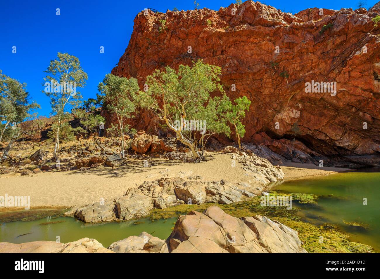 Ormiston Gorge con ghost gum y abrevadero en invierno. West MacDonnell National Park, el Territorio del Norte, Australia Central. Foto de stock