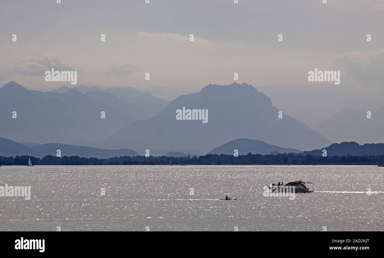 Lindau, vista a la Alpenrhein-Delta y el Drei Schwestern (Tres Hermanas) Foto de stock