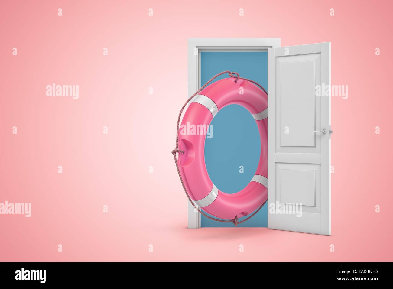 3D rendering de blanco puerta abierta con rosa bote salvavidas en rosa claro de fondo. Objetos y materiales. Riesgo y peligro. Salvar la vida. Foto de stock