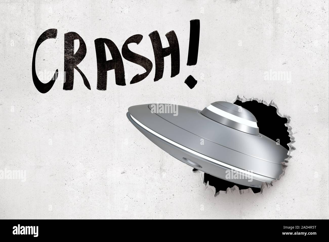 Representación 3D de metal plateado OVNI romper paredes blancas con negro "Crash" signo de arriba. La ciencia ficción. La vida extraterrestre. La tecnología espacial. Foto de stock