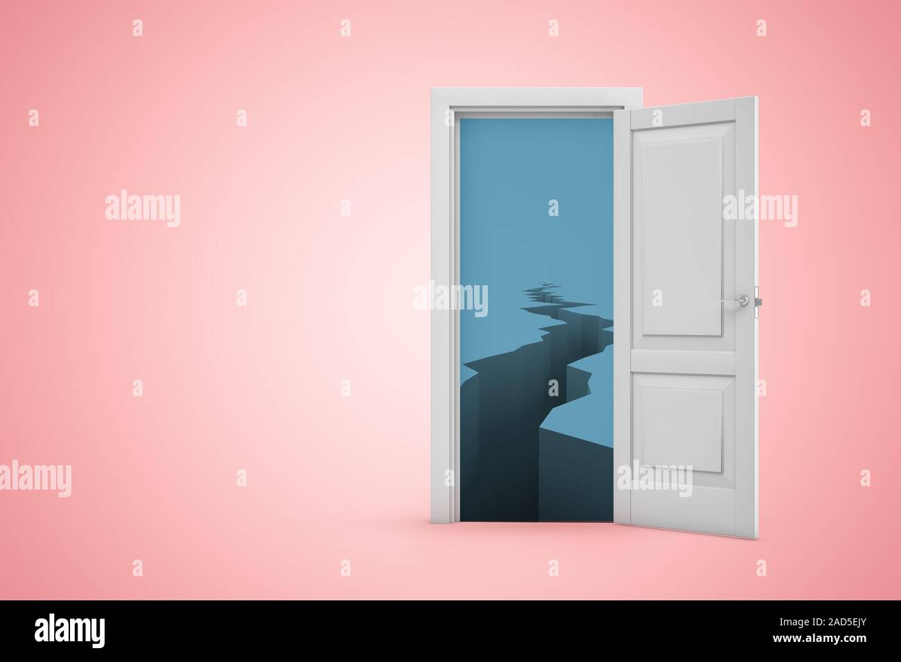 3D rendering de puerta abierta en rosa copyspace degradado con fondo oscuro y frío hielo crevasse visto a través de la puerta. Diseño gráfico. Enfrentando desafíos. Glob Foto de stock