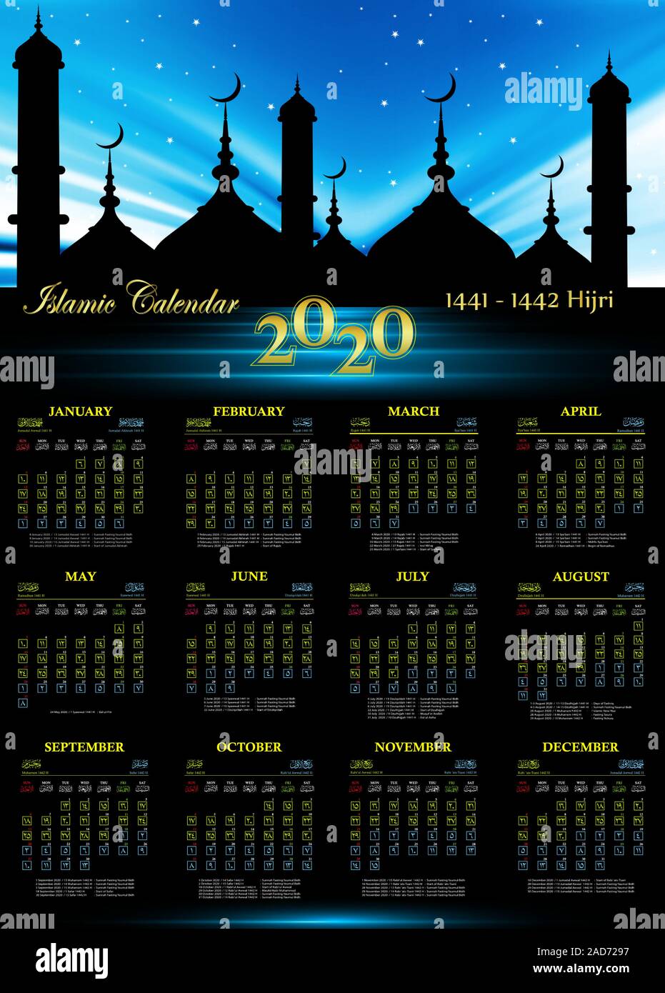 Calendario Islamico 2020 1441 1442 Calendario Hijri Imagen Vector De Stock Alamy calendario islámico 1442