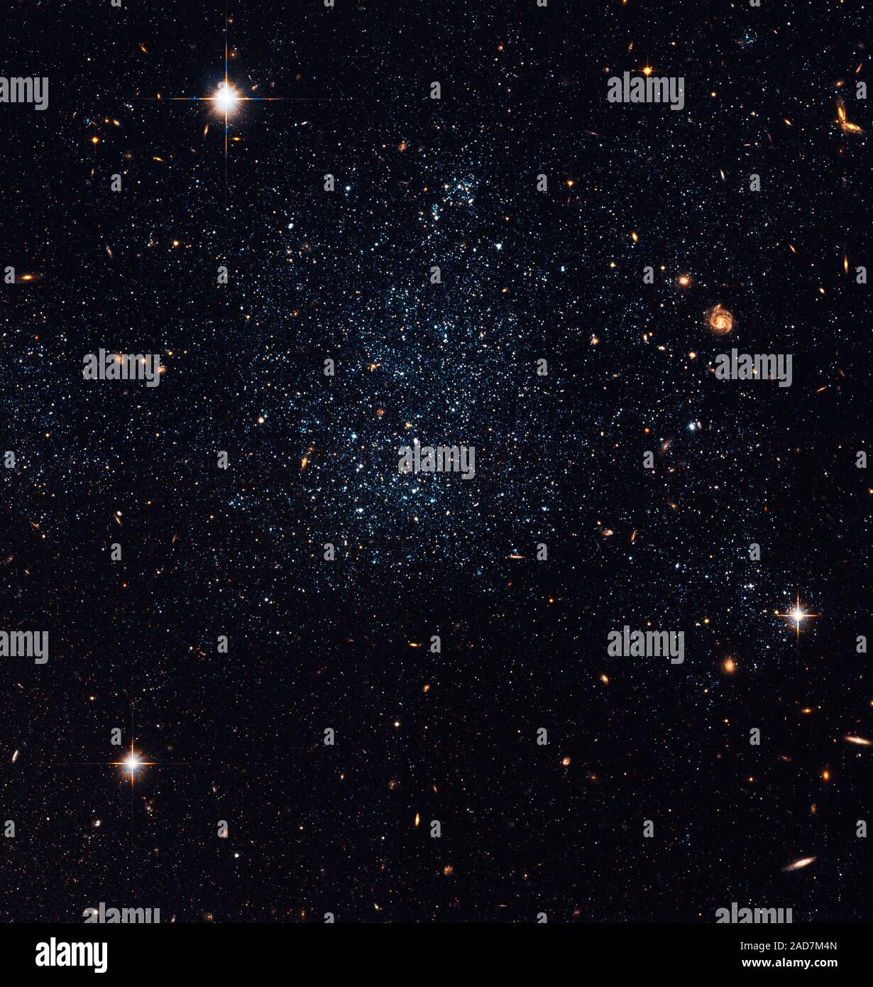 Esta colección suelta de estrellas es en realidad una galaxia irregular enana, llamada Holmberg IX. Se encuentra justo en el borde exterior de la M81, una gran galaxia espiral en Ursa Major. Esta imagen fue tomada con la cámara avanzada del Hubble para encuestas a principios de 2006. Holmberg IX es el llamado tipo de Magallanes galaxia, como su tamaño y la irregularidad en la estructura son similares a la pequeña Nube de Magallanes, un vecino de nuestra propia Vía Láctea. Holmberg IX primero fue descubierto por el astrónomo Sidney Van den Bergh en 1959, y catalogado como DDO 66. La galaxia recibió su denominación "Holmberg IX" cuando se debatió en Eric Foto de stock