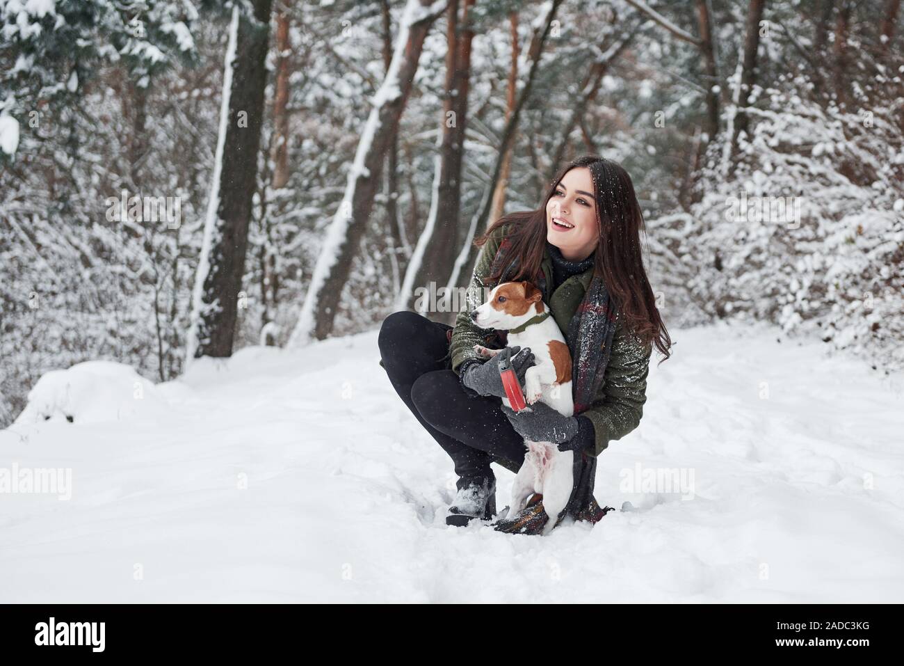 Donde debemos ir. Morena sonriente divertirse paseando con su perro en el Winter Park Foto de stock