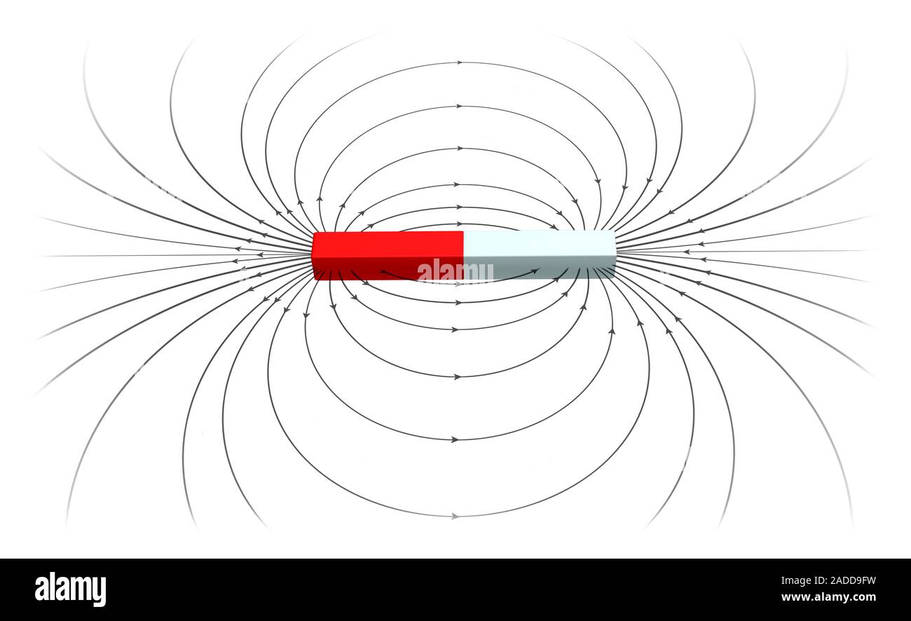 Campo magnético de un imán de barra, la ilustración. Por convención, los  polos de un imán están etiquetados en el norte y en el sur, aquí el rojo y  el blanco, y