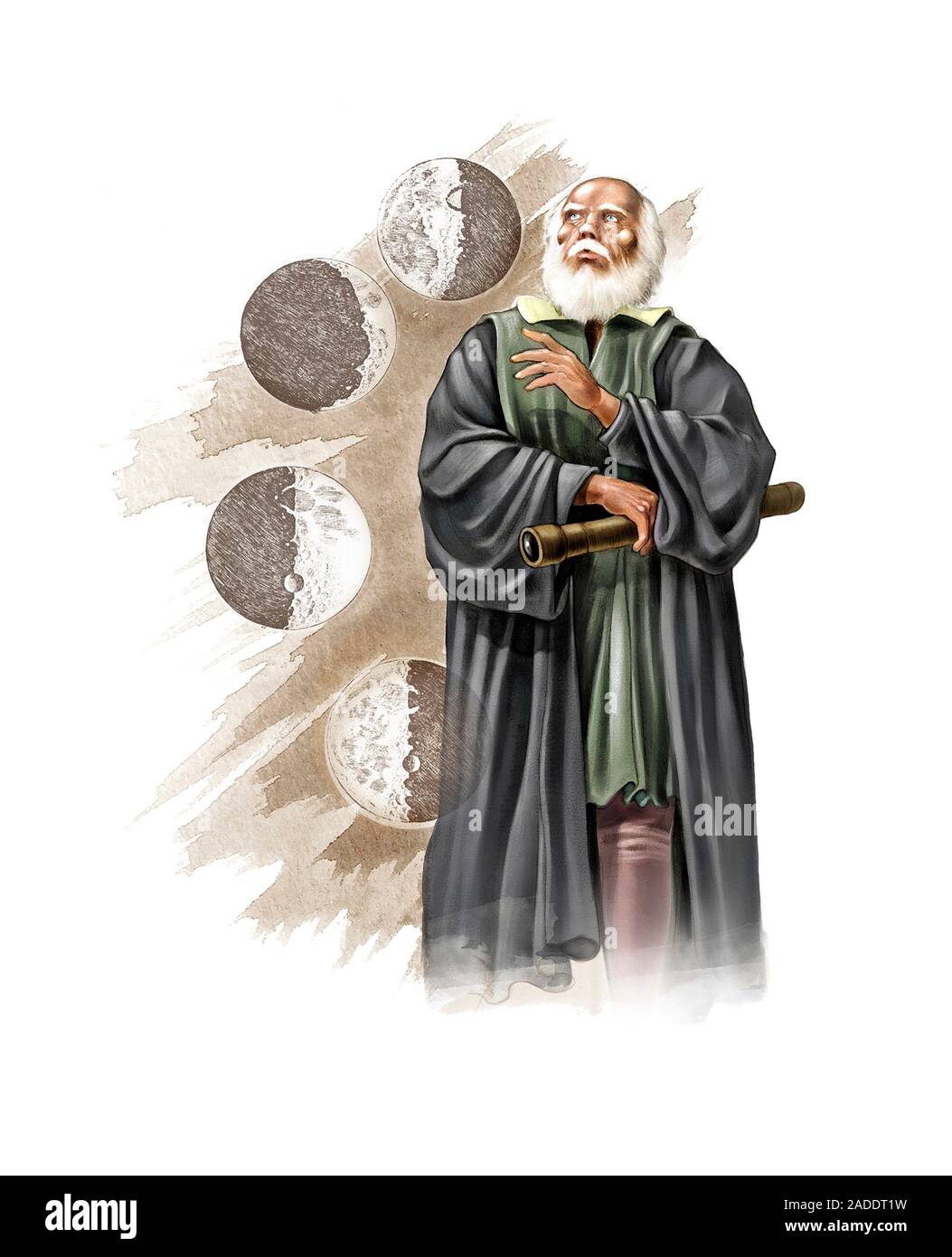Galileo Galilei (1564-1642), físico y astrónomo italiano, sosteniendo un  telescopio, con su luna dibujos. Galileo fue el primero en usar  exitosamente Fotografía de stock - Alamy