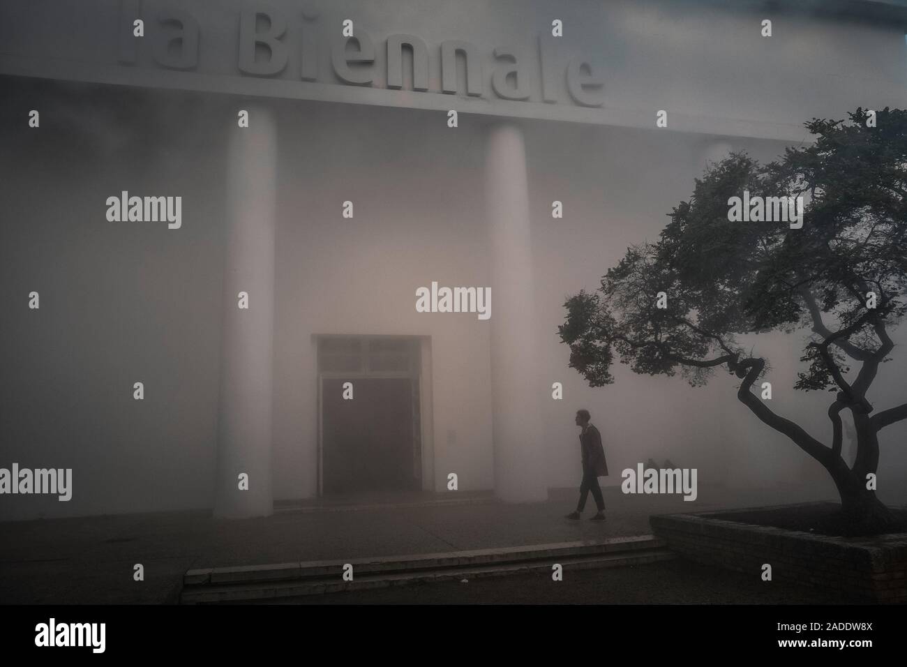 Bienal de Arte de Venecia en el otoño de 2019 en la página web del festival Giradini. Los visitantes y niebla instalación delante de la exposición central. Foto de stock