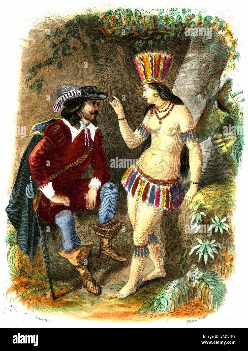 El conquistador Hernán Cortés y La Malinche aliado Nahua, ilustración