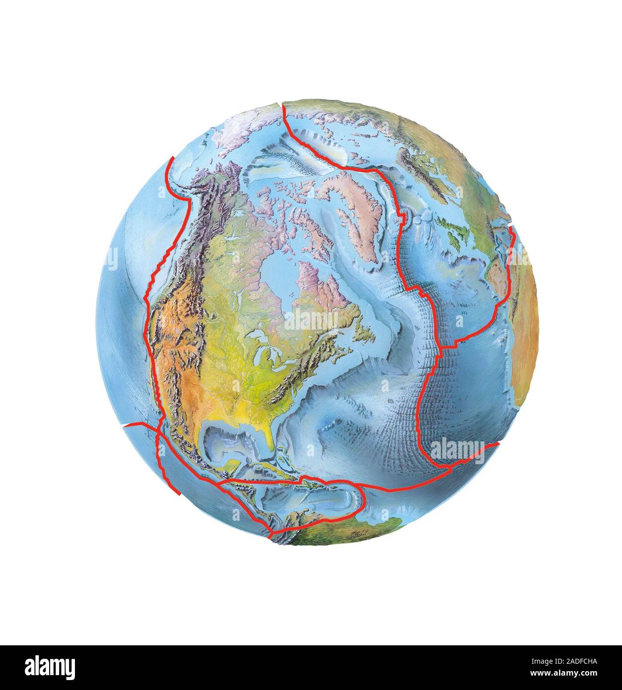 Las placas tectónicas de la tierra. Ilustración de un hemisferio de la  tierra, centrado en Canadá oriental, mostrando los límites (rojo) de las placas  tectónicas que mak Fotografía de stock - Alamy