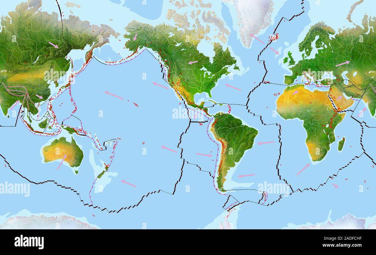 Las placas tectónicas de la tierra, obra de arte. La superficie de la Tierra  está dividida en nueve grandes placas. Estas son estructuras rocosas que  flotan y se mueven en el más