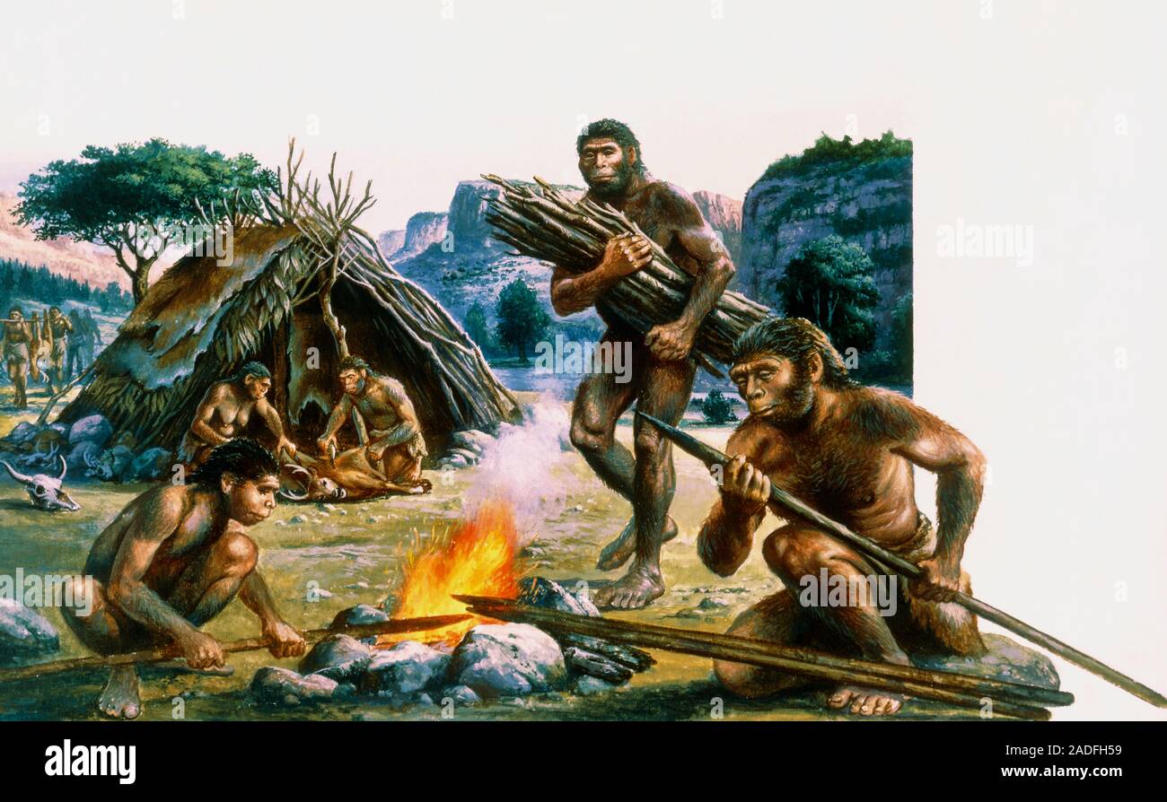 Uso precoz del incendio. Ilustración de una tribu de Homo erectus