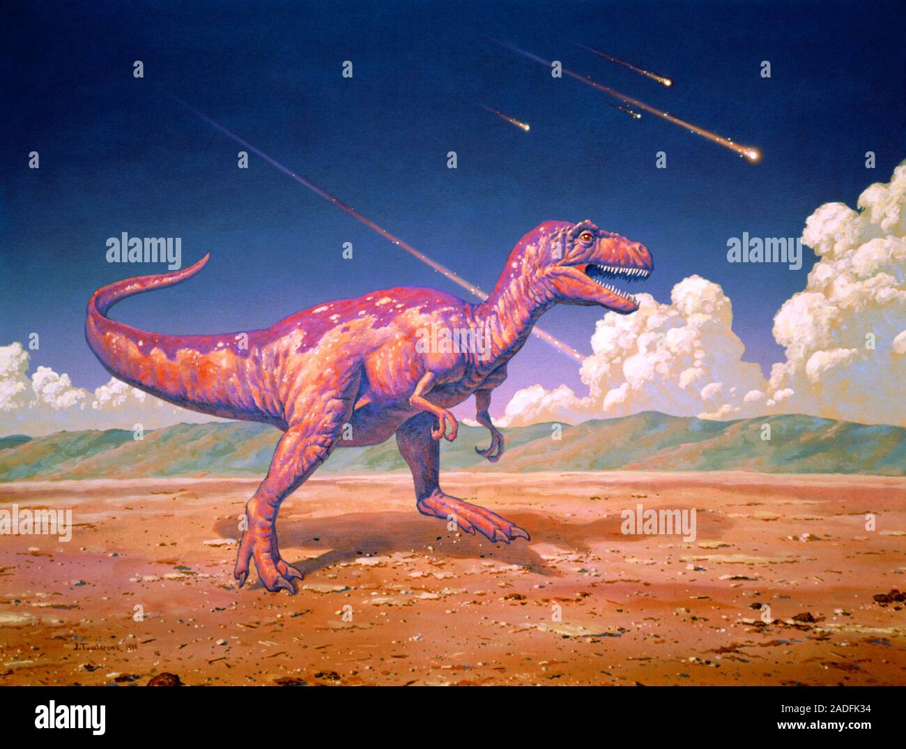 La extinción de los dinosaurios. Ilustración de un tiranosaurio rex  dinosaurio con caída de meteoritos. El impacto de un meteorito ocurrió  aproximadamente 65 millones de años Fotografía de stock - Alamy
