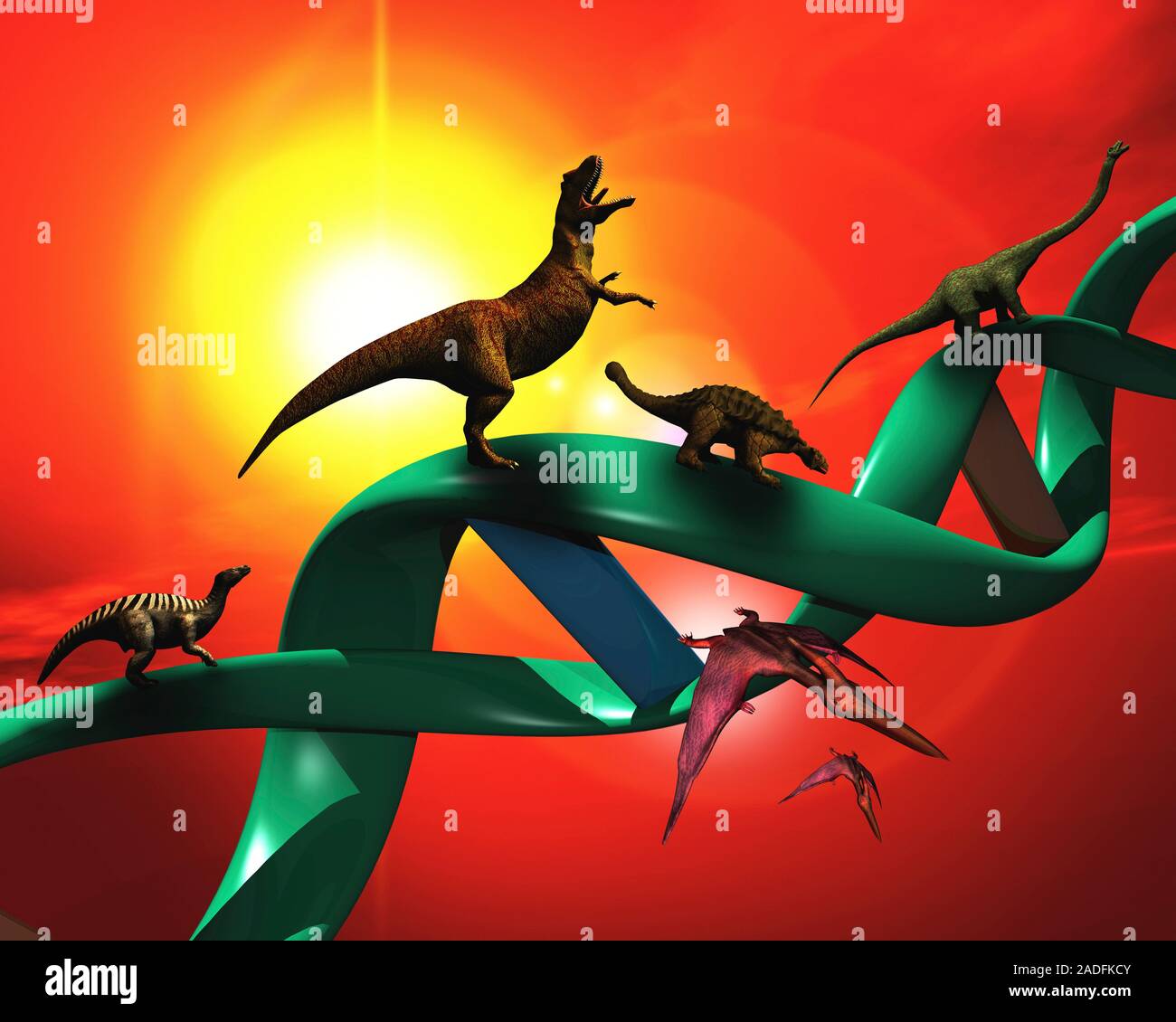 Adn de dinosaurio. Equipo de ilustraciones de dinosaurios subiendo una  hélice doble que representa el concepto de la clonación de un dinosaurio a  partir de ADN de dinosaurio preservada (deoxyr Fotografía de