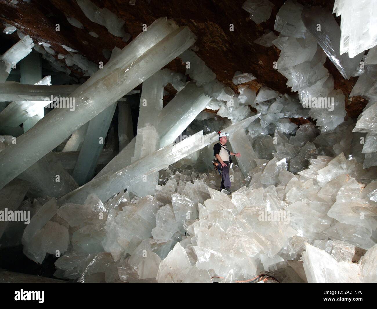 Cueva de los cristales. El geólogo en la cueva de los cristales (la Cueva  de los cristales) en la mina Naica, Chihuahua, México. Los cristales son la  más grande conocido en t