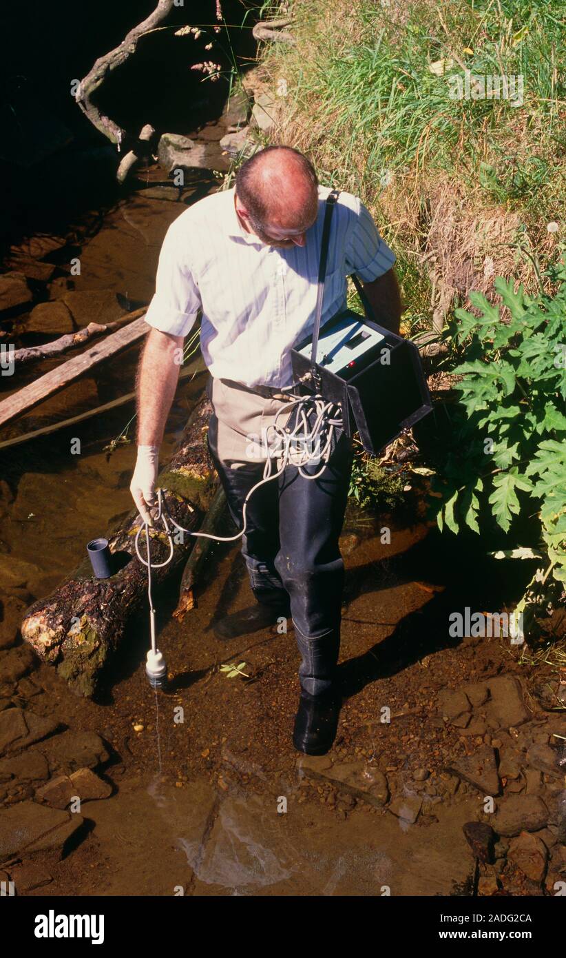Modelo liberado Un biólogo comprueba el nivel de contaminación en un arroyo por la supervisión Modelo liberado Un biólogo comprueba el nivel de contaminación en un arroyo por la supervisión