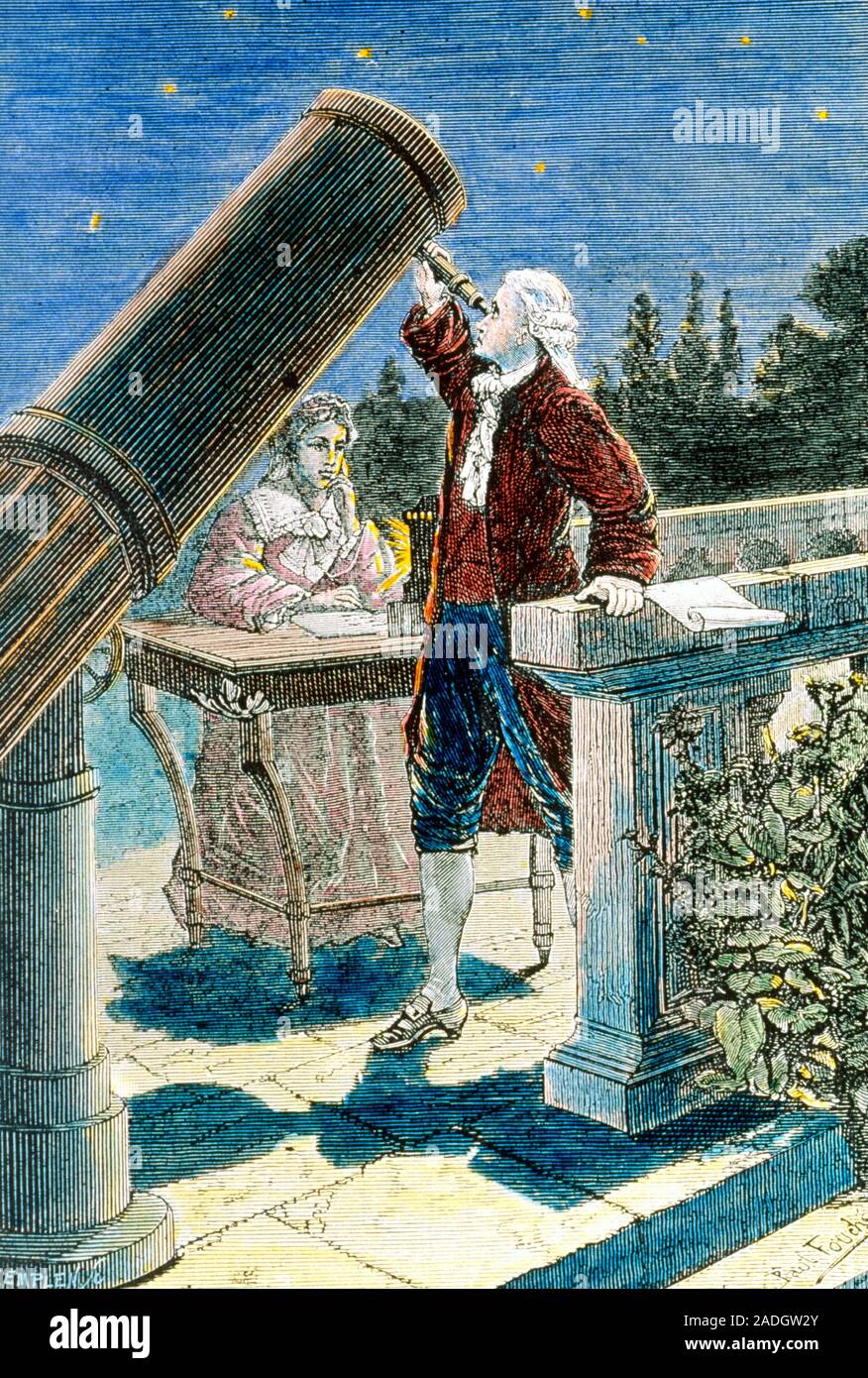 William y Caroline Herschel. Color ilustración histórica de los astrónomos germano-británico Sir Frederick William Herschel (1738-1822) y su hermana Fotografía de stock - Alamy