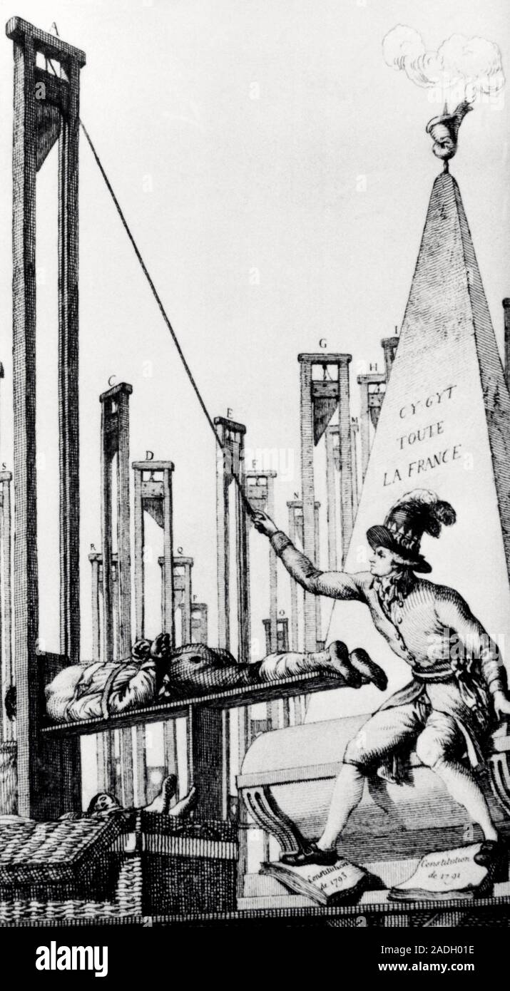 Robespierre operando una guillotina. Ilustración de la revolución