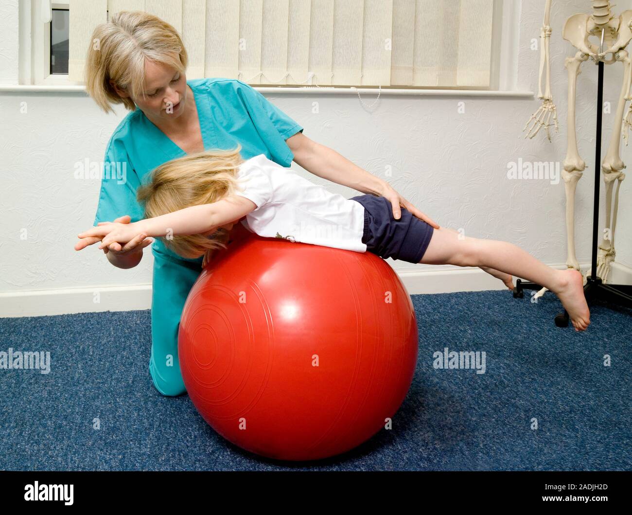 El equilibrio y la estabilidad de la fisioterapia. Fisioterapeuta ayudando  a un niño pequeño, el saldo de una gran pelota de goma inflable. Los brazos  y piernas del niño son Fotografía de