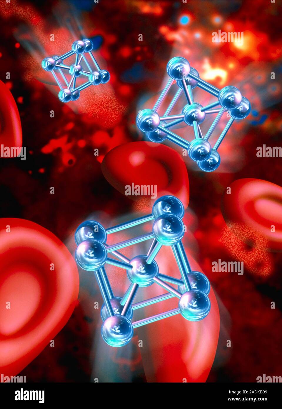 El hierro en la sangre. Equipo ilustraciones de las moléculas de hierro  sobre un fondo de glóbulos rojos (rojo). Los átomos de hierro dentro de las  moléculas de hemoglobina de rojo blo