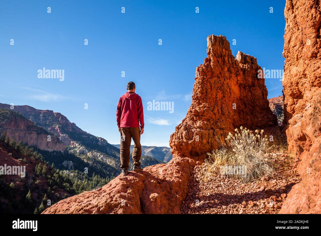 Caminante está en la cima de una formación rocosa disfrutando hte ver cerca de Parowan y en Cedar City, Utah. Foto de stock