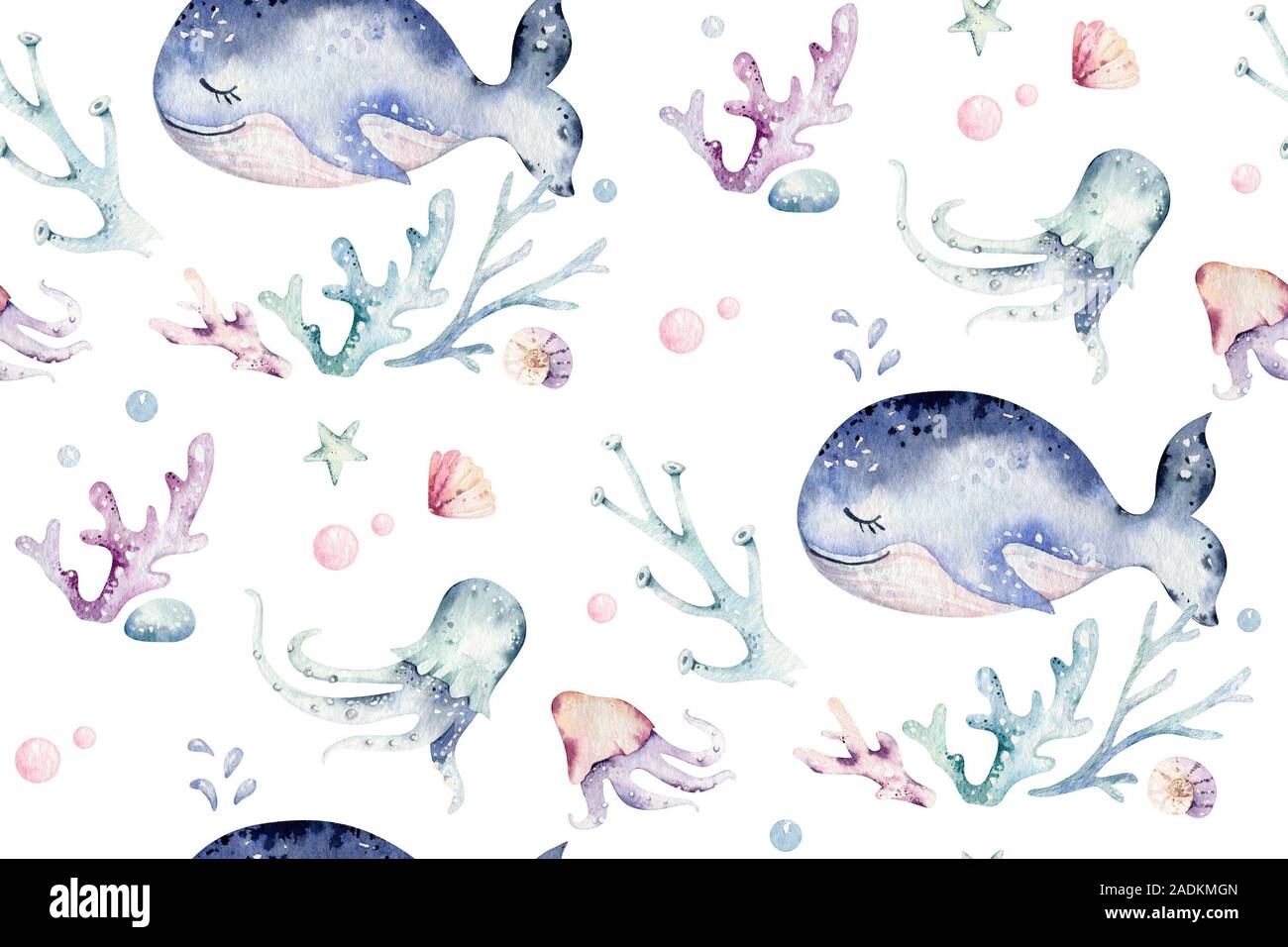 Los animales del mar azul océano acuarela perfecta pettern peces, tortugas, ballenas y coral. Shell de fondo del acuario. Starfish náuticas ilustración marina Foto de stock