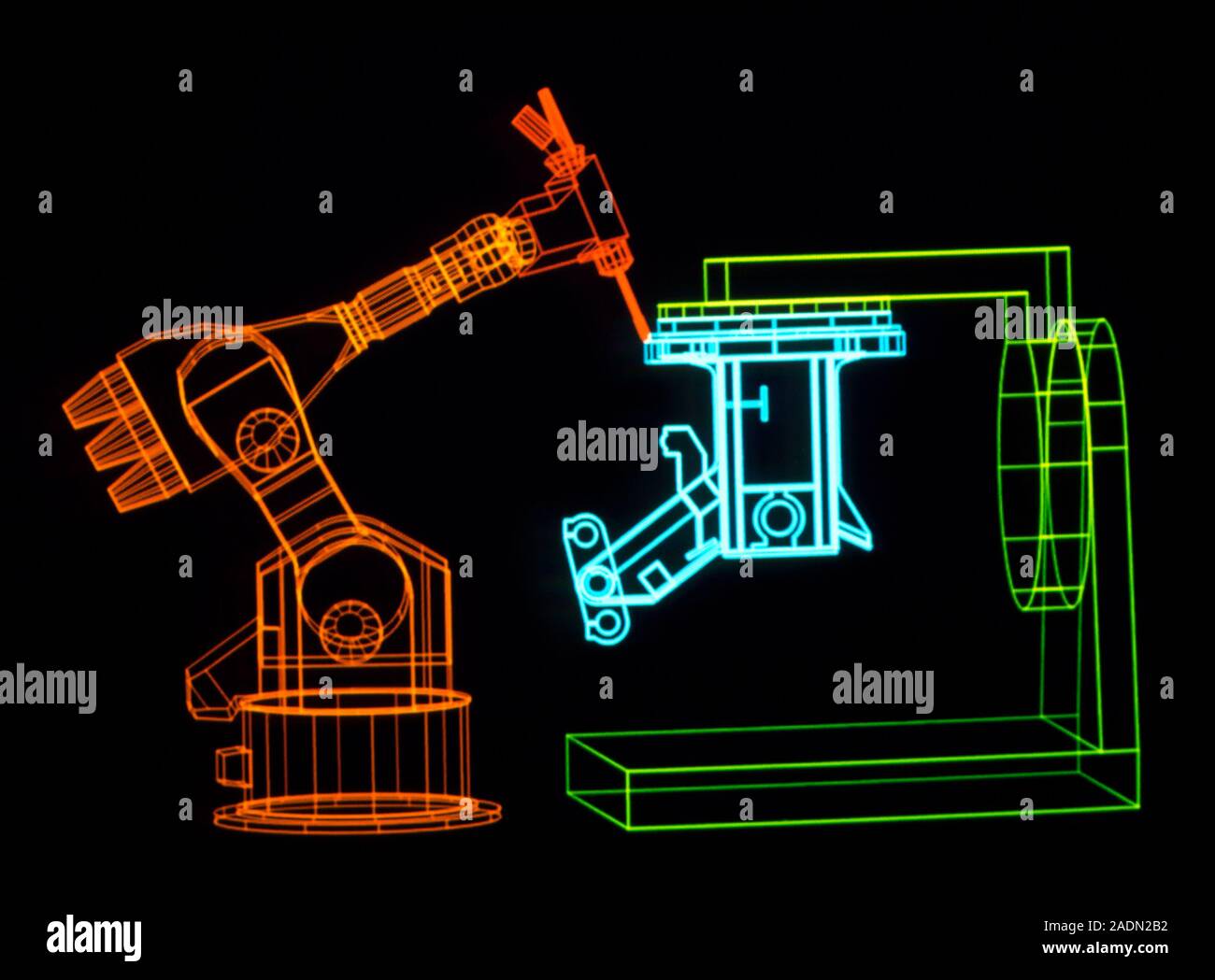 El diseño del robot. Computación Gráfica de un brazo robot en  funcionamiento como parte de una concepción asistida por ordenador (CAD)  paquete. El brazo (rojo) es el mecanizado de una pieza (B