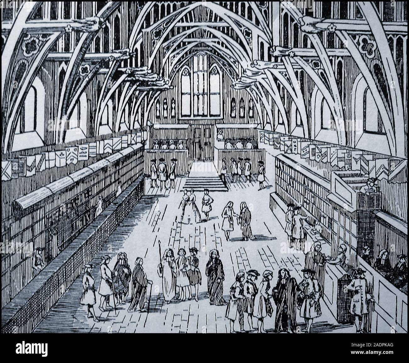 Westminster Hall (con sus librerías) de Londres en el 1700 como se mostraba en una 1933 . El ayuntamiento fue construido en 1097 por orden de Guillermo II (William Rufus), hijo de Guillermo el Conquistador, y fue terminado el año 1099. Foto de stock