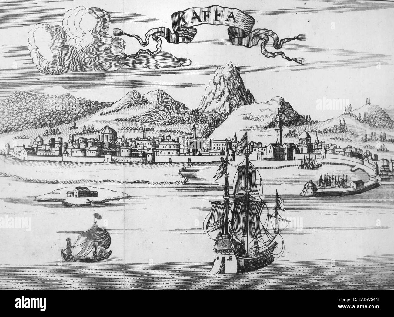 La ciudad de Kaffa (Feodosia) en Crimea. Grabado medieval. Foto de stock
