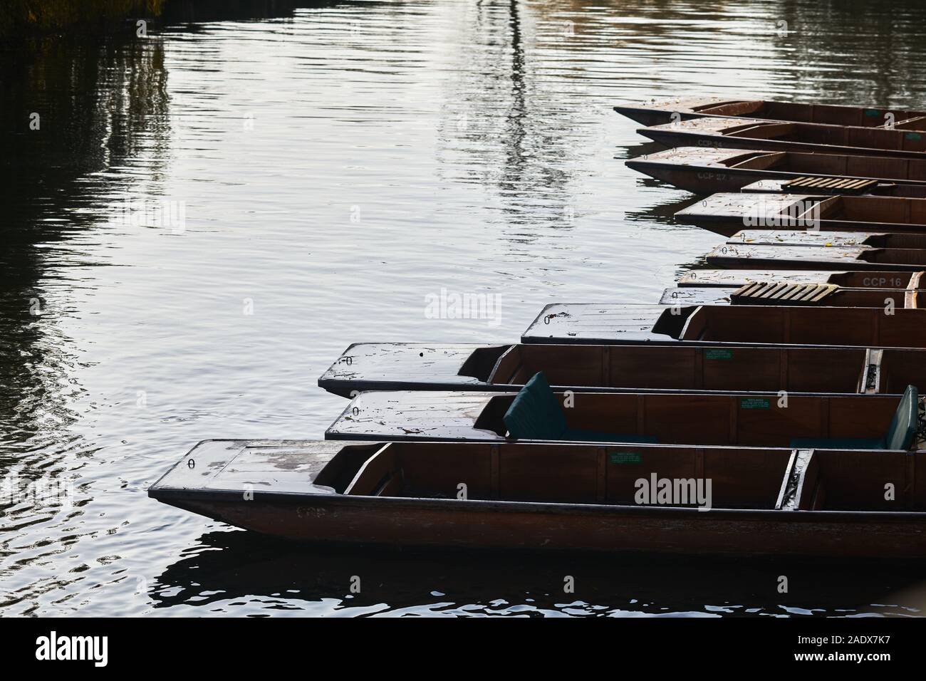 Contraste de oscurecido amarrados punts del río Cam con la brillante luz reflejada en un soleado día de invierno en Cambridge, Inglaterra. Foto de stock