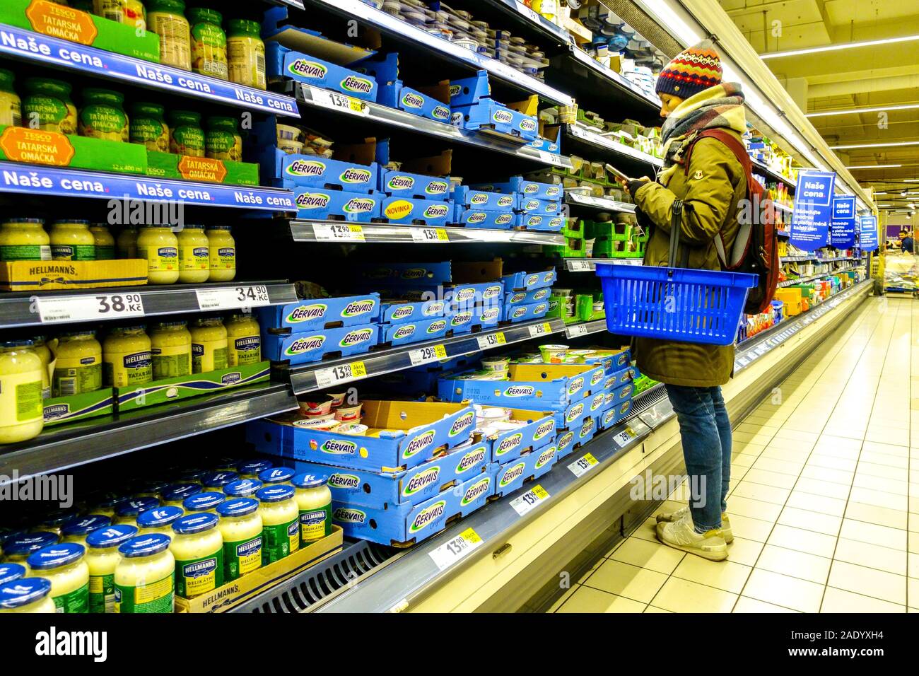 Mujer con teléfono móvil de compras en tienda Tesco, supermercados estantes de queso Foto de stock