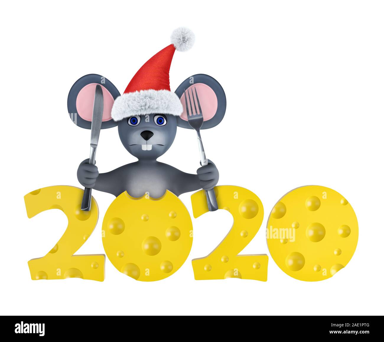 Feliz año nuevo 2020 Tarjeta de felicitación con lindo ratones y quesos aislado en blanco. Fauna vacaciones personaje de dibujos animados. 3D Render. Foto de stock