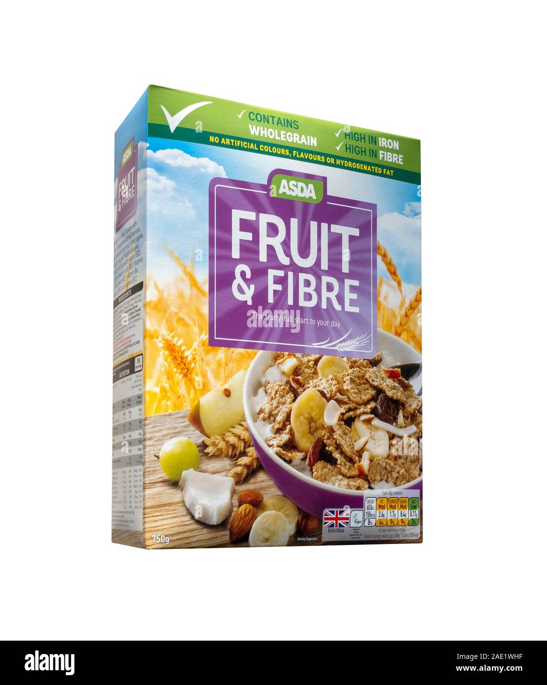 Supermercado Asda propia marca de cereales, fruta y fibra, desayuno, caja de cereales, recorte de paquetes, fondo blanco Foto de stock